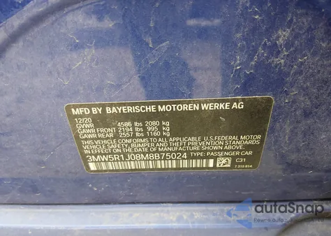 2021 BMW 330I z USA, uszkodzony, nr VIN 3MW5R1J08M8B75024